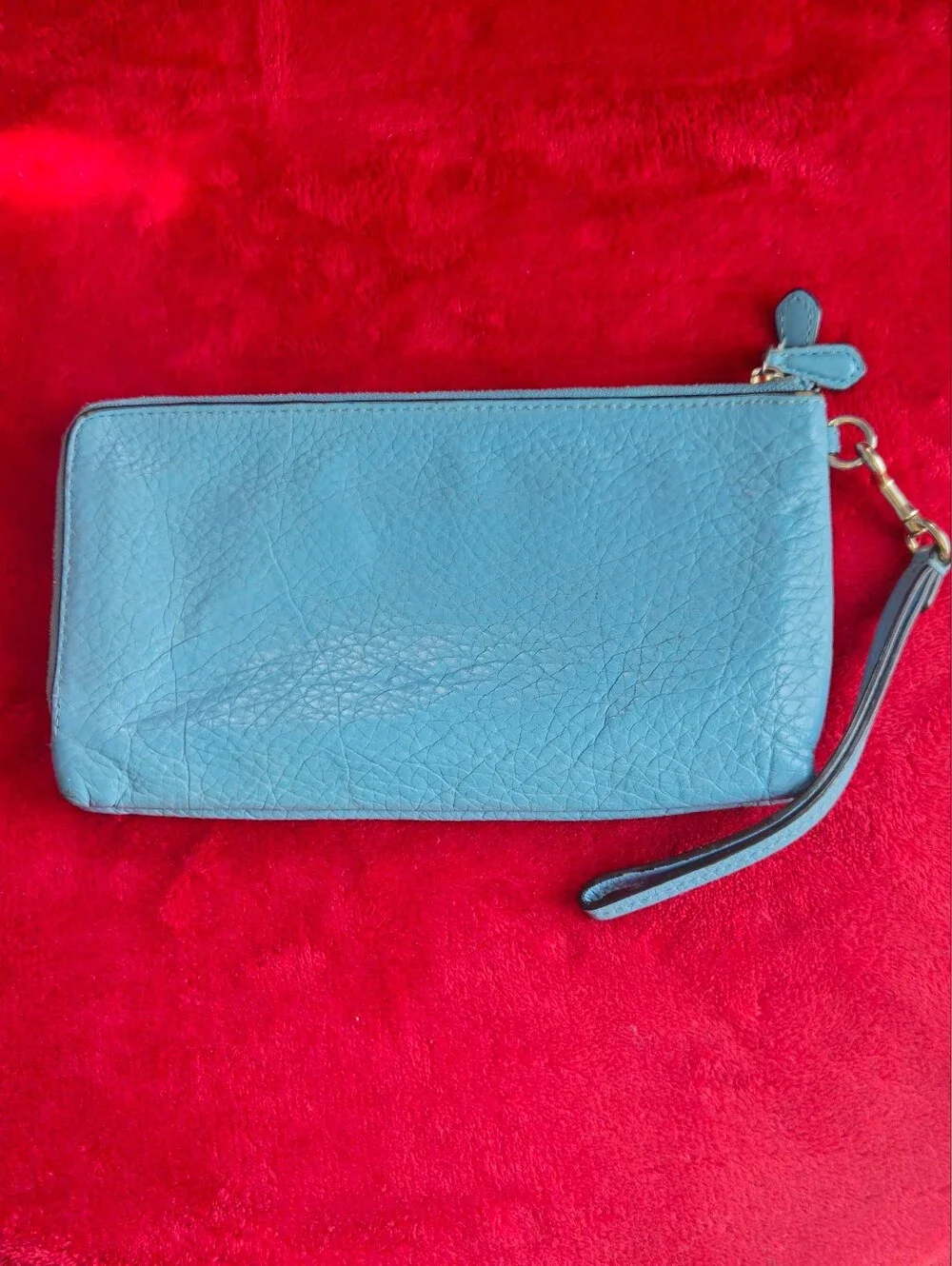 COACH Teal Blue Pebbled Leather Large Double Zipper Compartments Wristlet Clutch